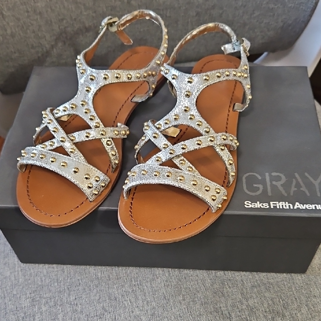 Saks Fifth Avenue Metallic Suede Silver Studded Leather Strappy Flat Sandals